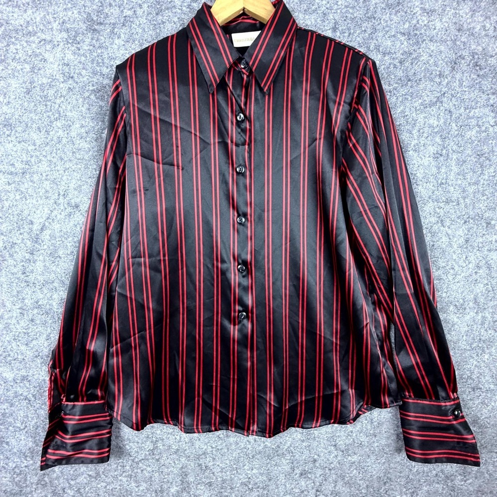 Vintage Christie & Jill Blouse Top Womens 14 Black Red Striped Satin Silky Party